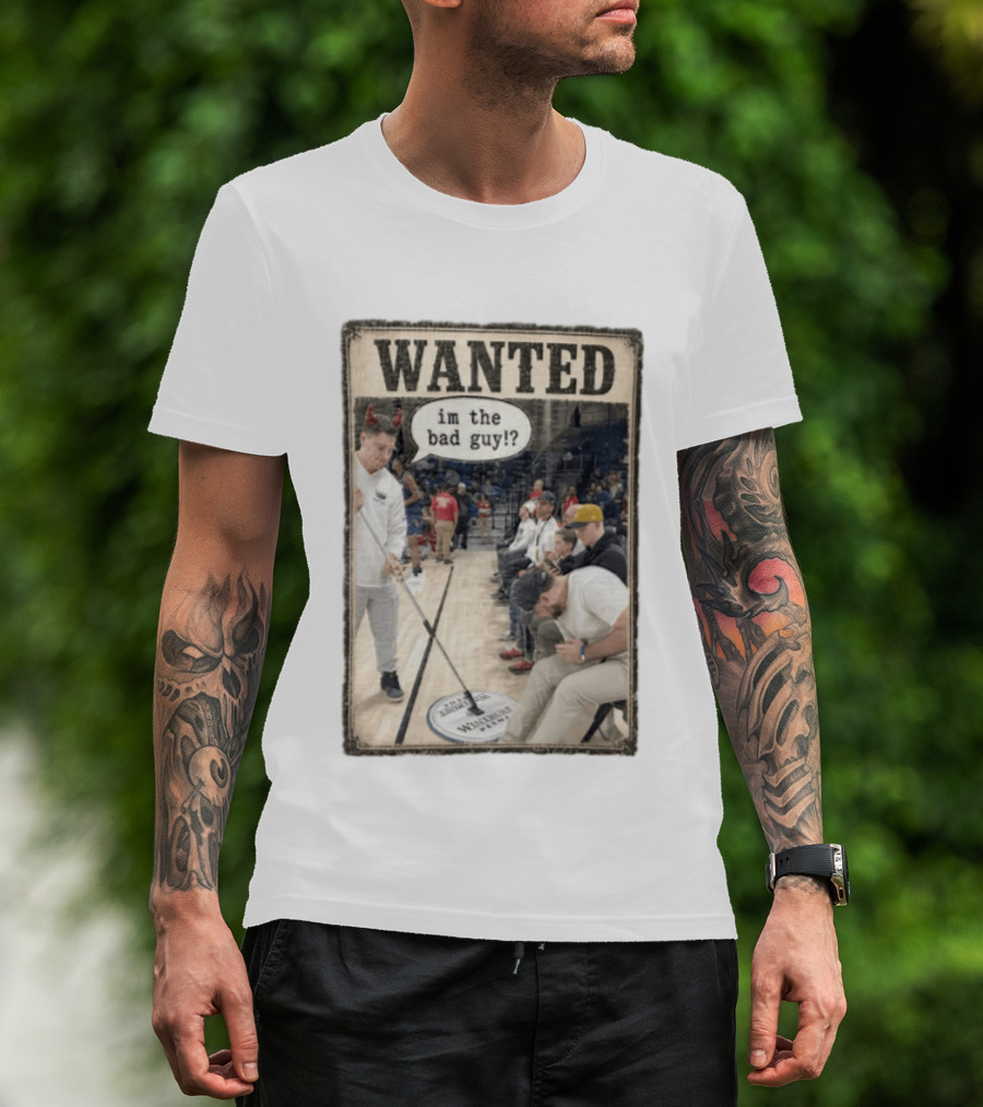 Wanted Im The Bad Guy Wintrust Arena Man Sweeping Floor Devil Horns T-Shirt