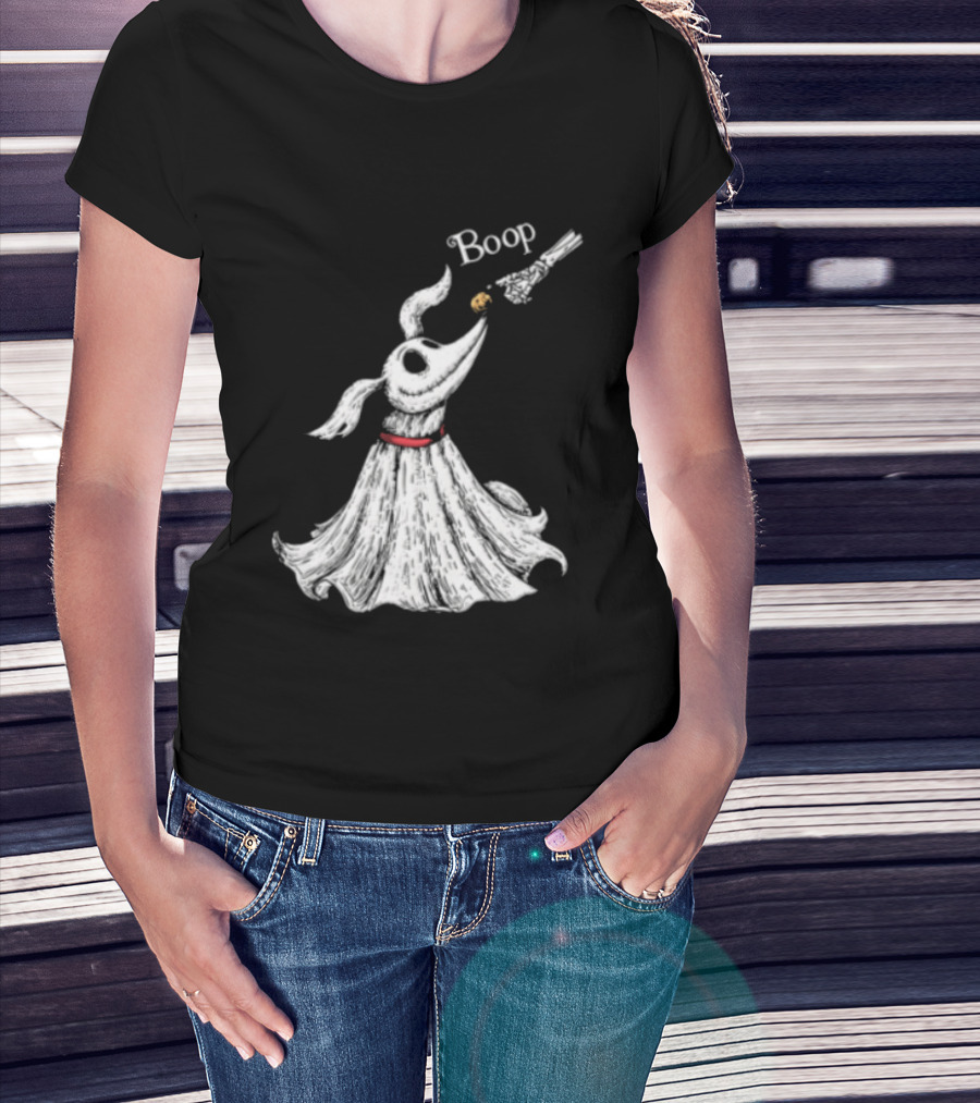 Boop Skeletal Hand Touching Pumpkin Nose With Ghostly Dog Line Sketch T-Shirt