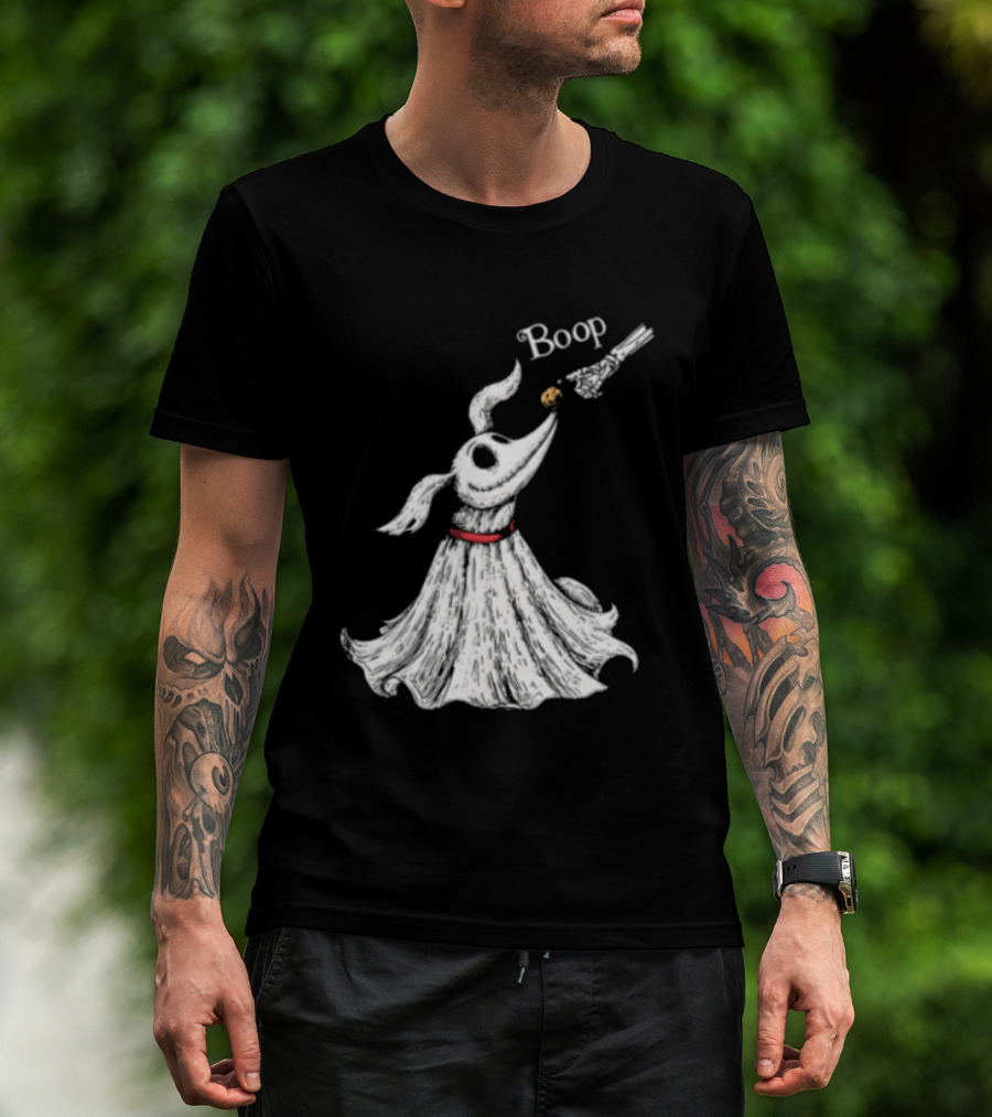 Boop Skeletal Hand Touching Pumpkin Nose With Ghostly Dog Line Sketch T-Shirt