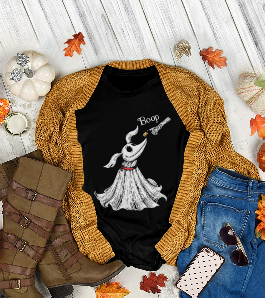 Boop Skeletal Hand Touching Pumpkin Nose With Ghostly Dog Line Sketch T-Shirt