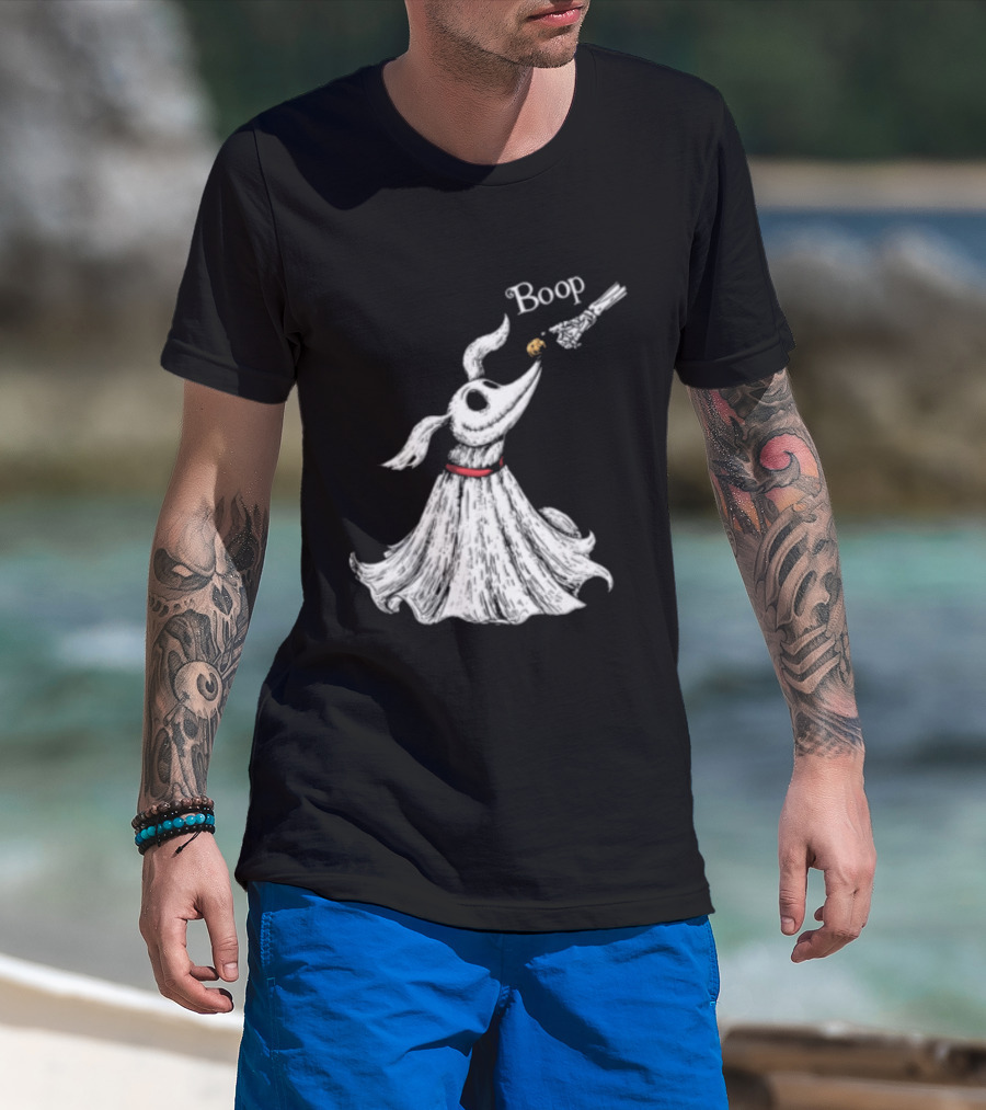 Boop Skeletal Hand Touching Pumpkin Nose With Ghostly Dog Line Sketch T-Shirt