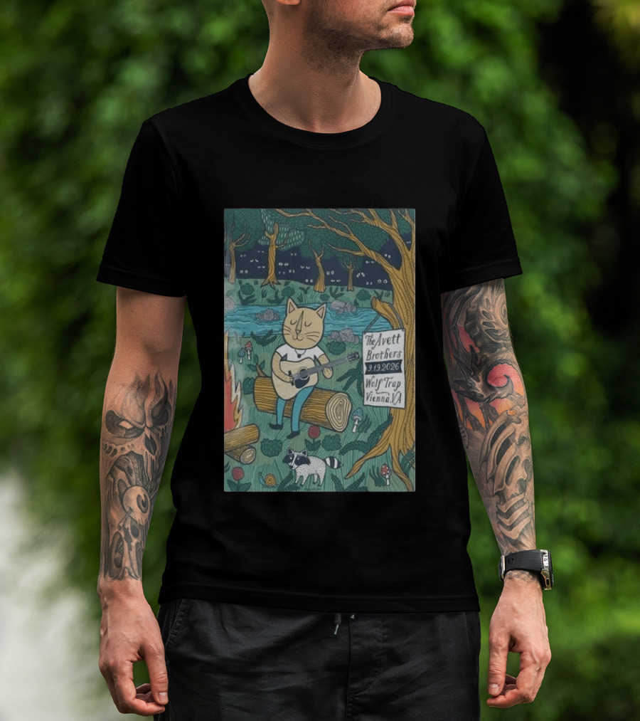 The Avett Brothers Wolf Trap Vienna Virginia 2026 Concert Cat Playing Guitar In Forest Scene T-Shirt