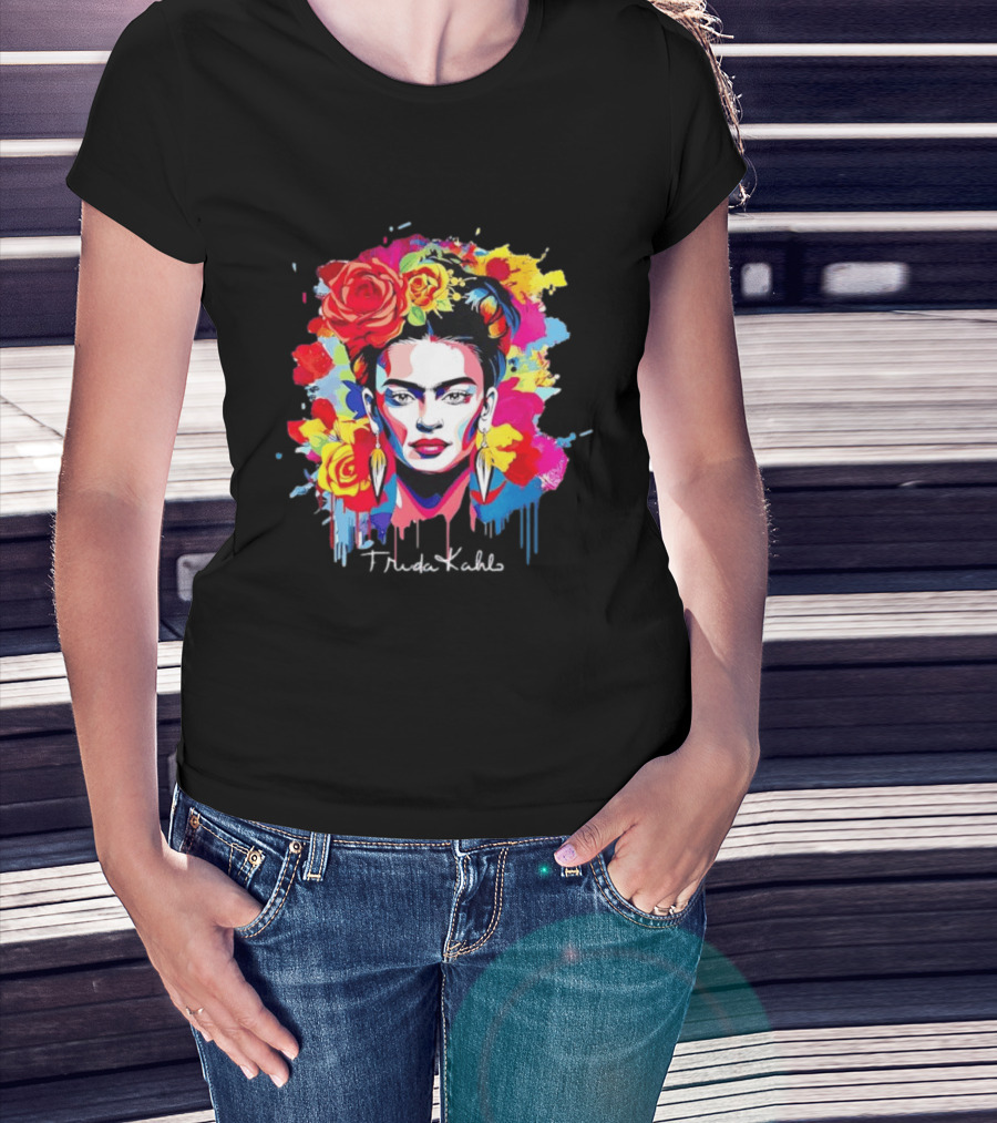 Frida Kahlo Colorful Floral Mexican Artist Vibrant Roses And Dripping Paint T-Shirt