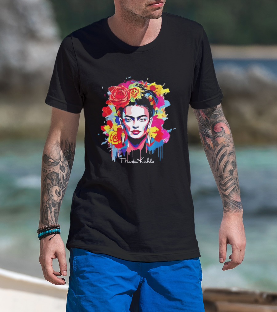 Frida Kahlo Colorful Floral Mexican Artist Vibrant Roses And Dripping Paint T-Shirt