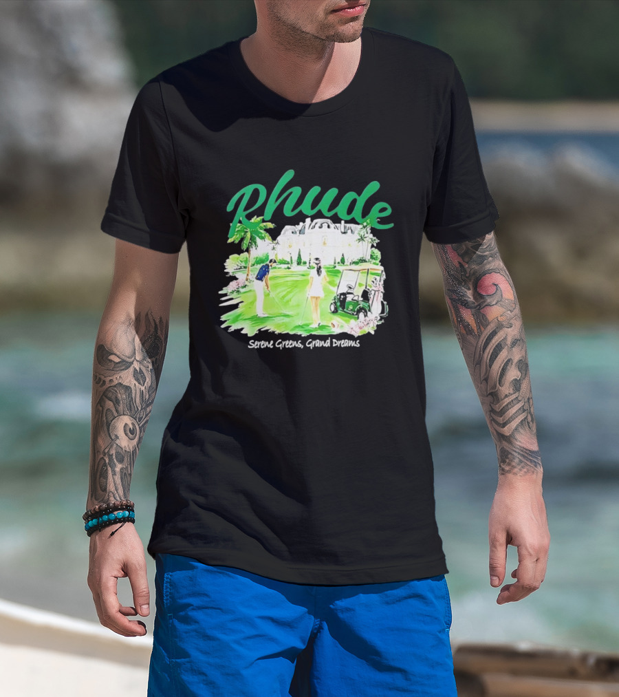 Rhude Serene Greens Grand Dreams Golf Scene Classic Polo Players And Golf Cart Mansion T-Shirt