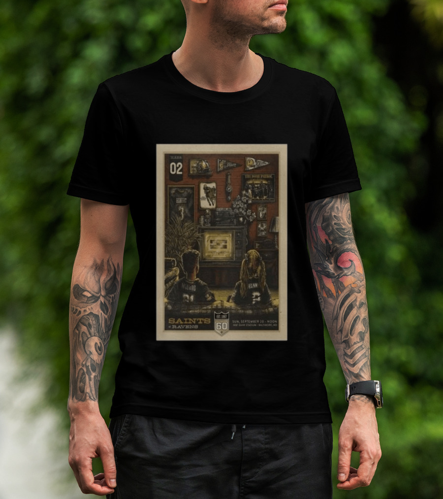 Saints Vs Ravens Week 2 Game Day September 20 2026 Retro Art Baltimore Stadium T-Shirt