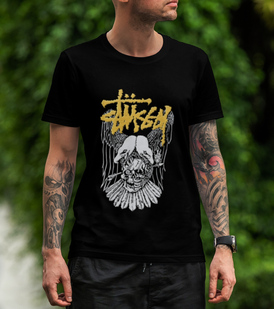 Stussy Two Headed Eagle Skull Yellow Text White Sketch T-Shirt