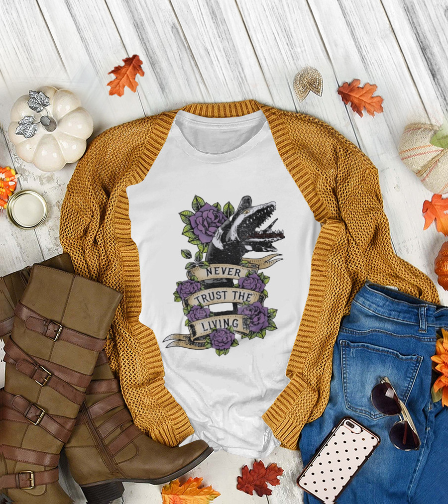 Beetlejuice Never Trust The Living Floral Banner With Sandworm And Purple Roses T-Shirt