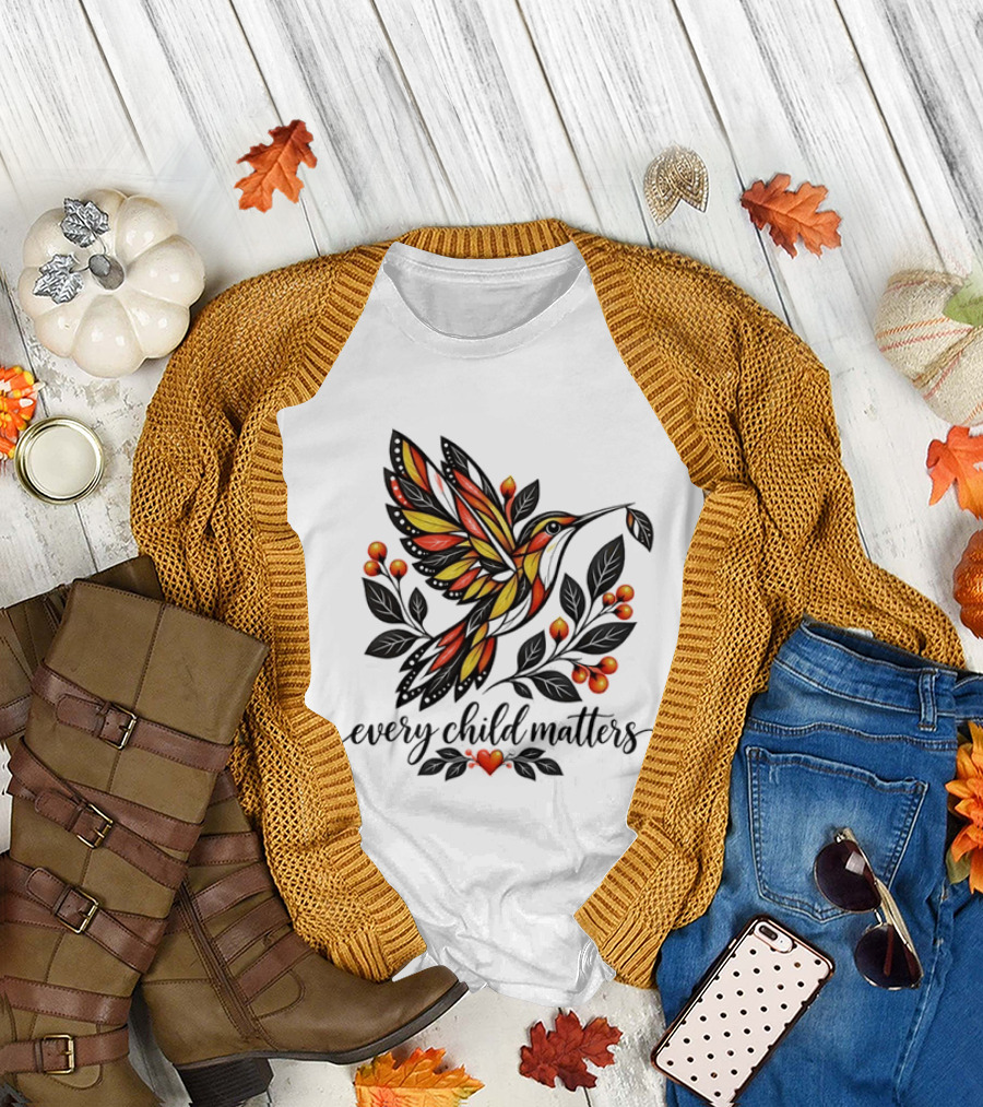 Every Child Matters Hummingbird Orange Awareness Floral Heart T-Shirt