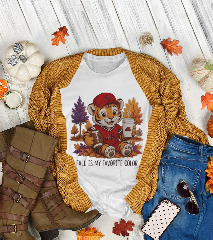 Jax State Tiger Fall Is My Favorite Color Cute Cartoon Tiger Football Autumn Leaves T-Shirt