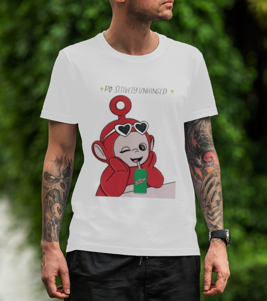 Po Sitively Unhinged Funny Red Teletubby Heart Sunglasses Drinking Mtn Dew T-Shirt