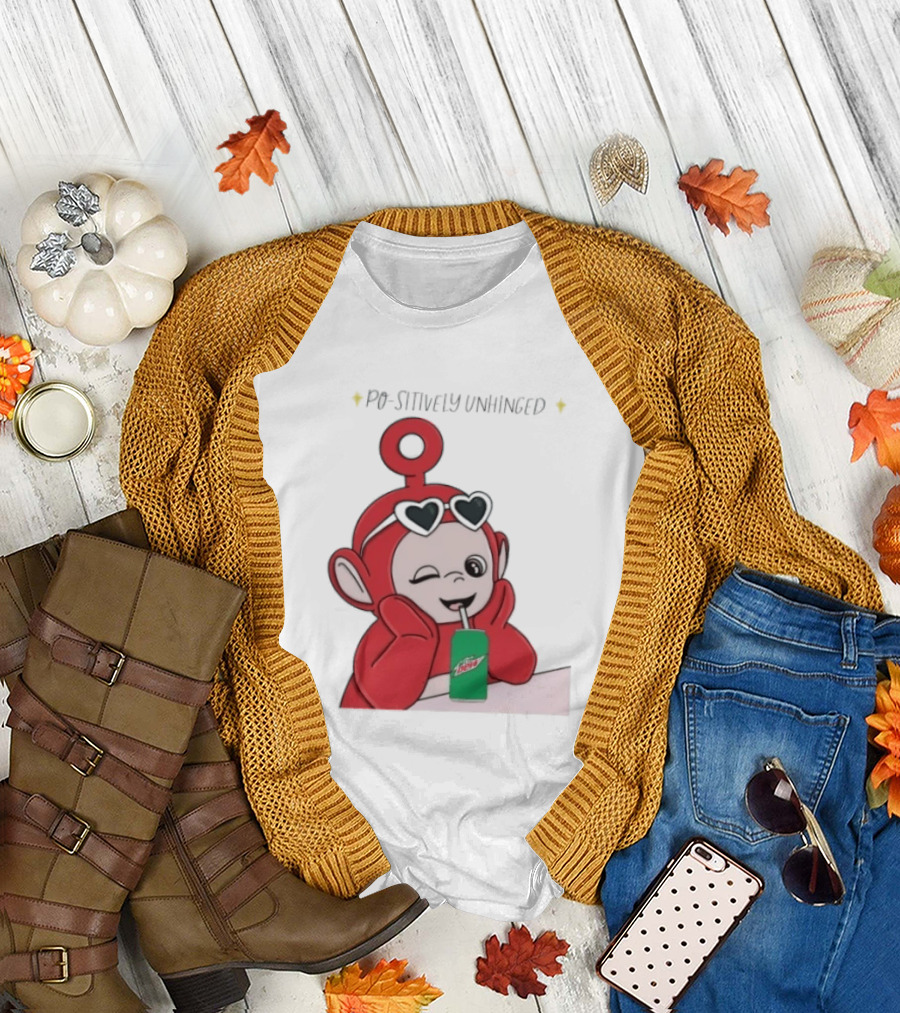Po Sitively Unhinged Funny Red Teletubby Heart Sunglasses Drinking Mtn Dew T-Shirt