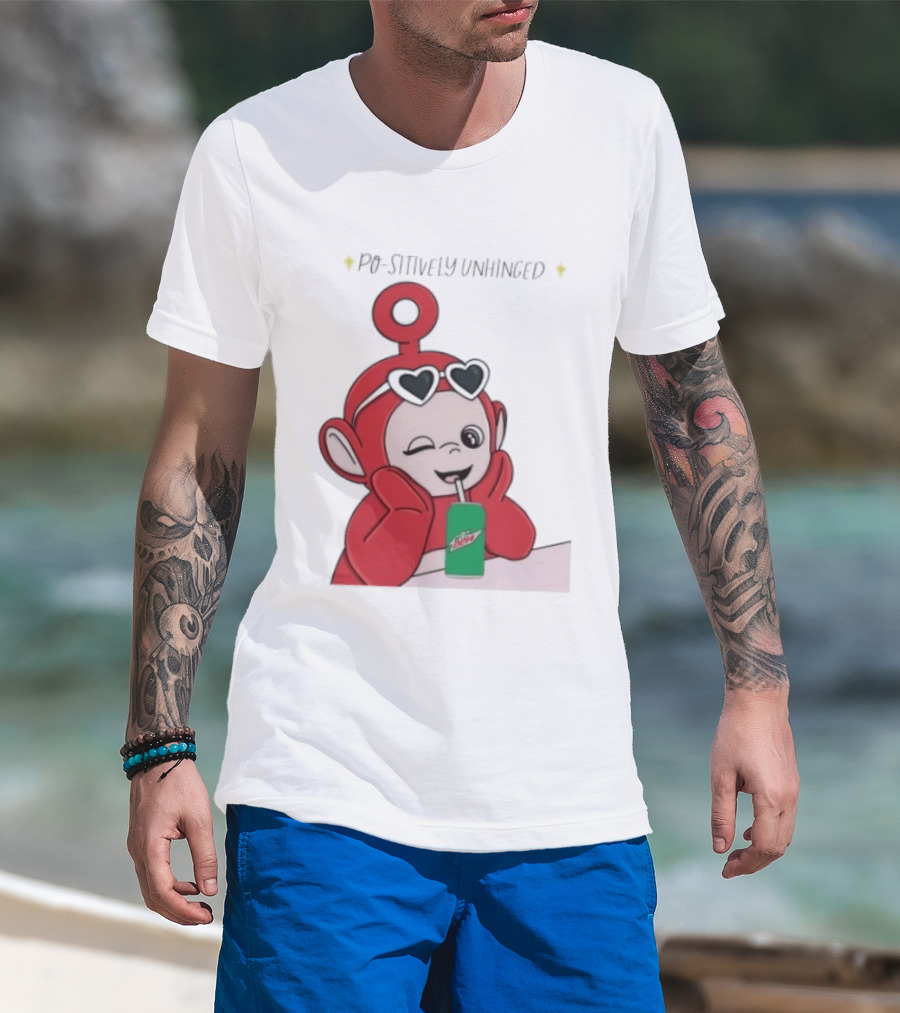 Po Sitively Unhinged Funny Red Teletubby Heart Sunglasses Drinking Mtn Dew T-Shirt