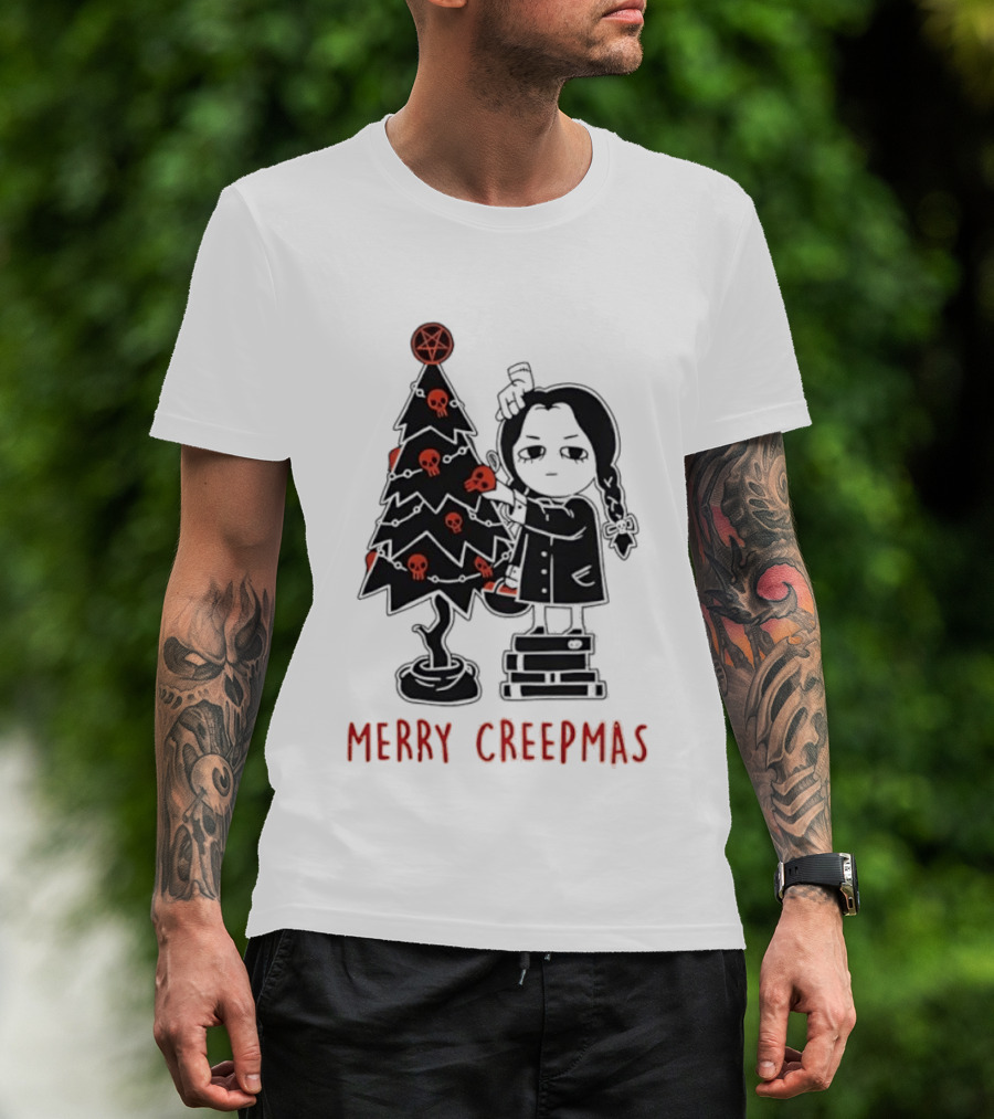 Wednesday Addams Merry Creepmas Goth Christmas Skulls Tree T-Shirt