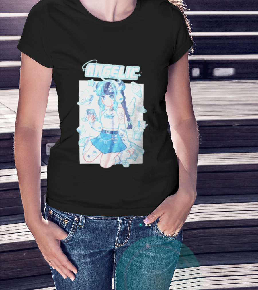 Angelic Anime Girl Halo Wings Headphones Cute Aesthetic Kawaii T-Shirt