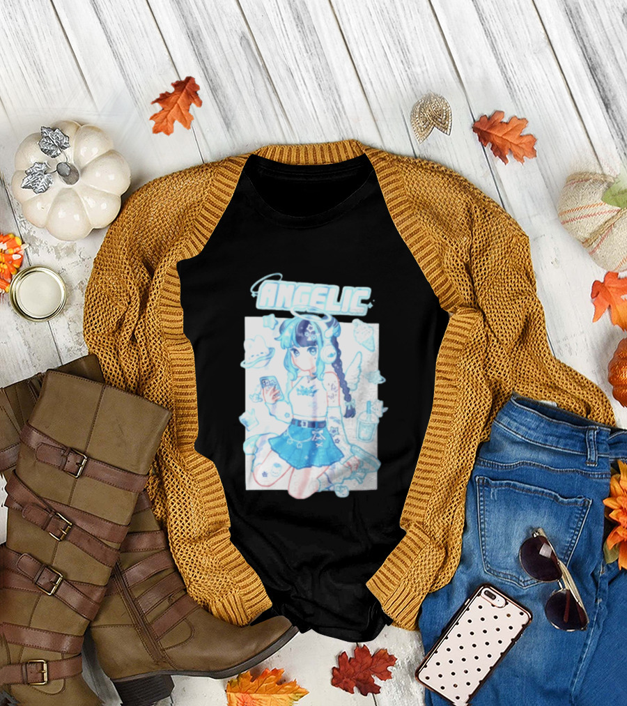 Angelic Anime Girl Halo Wings Headphones Cute Aesthetic Kawaii T-Shirt