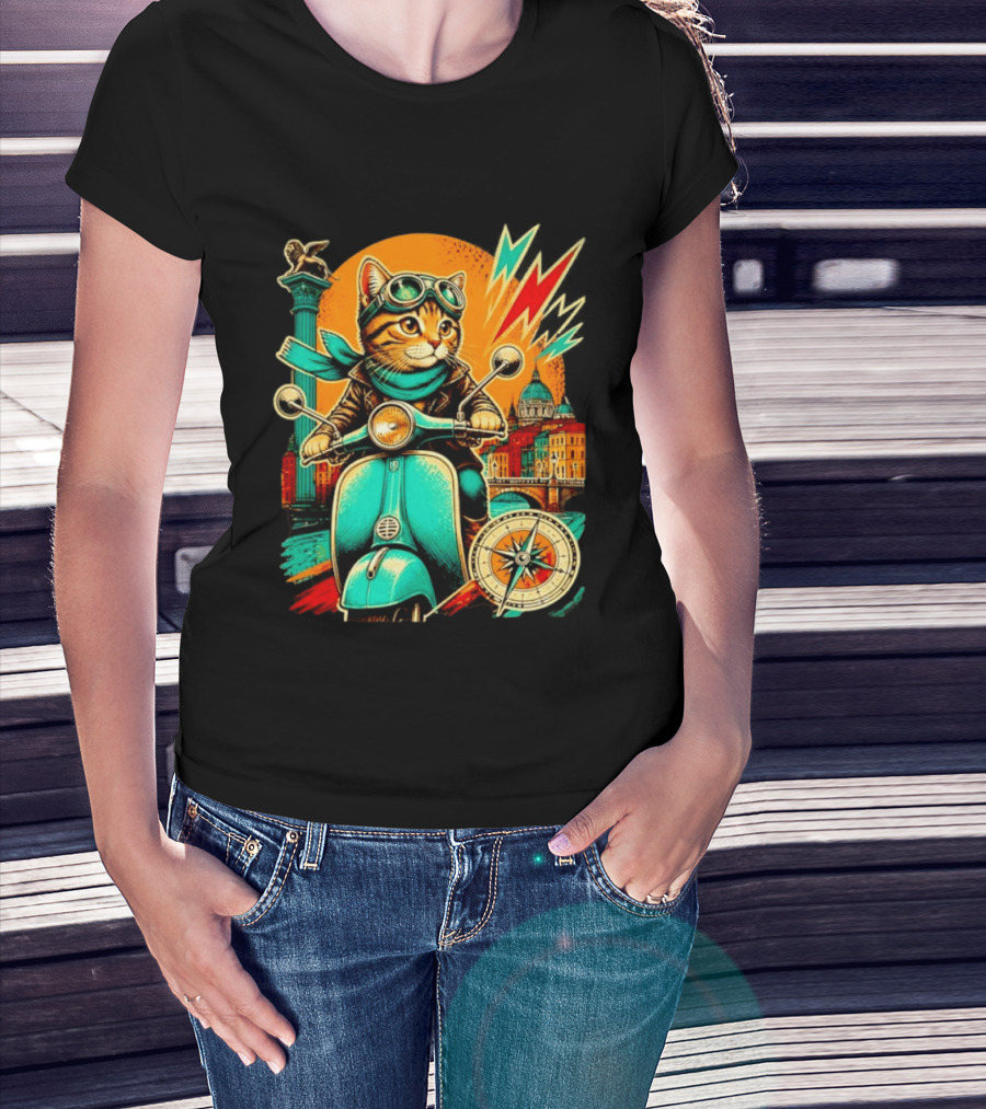 Cat On Scooter Adventure In Venice With Vibrant Cityscape And Compass T-Shirt