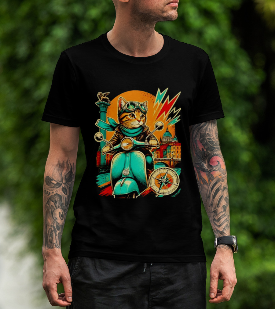 Cat On Scooter Adventure In Venice With Vibrant Cityscape And Compass T-Shirt