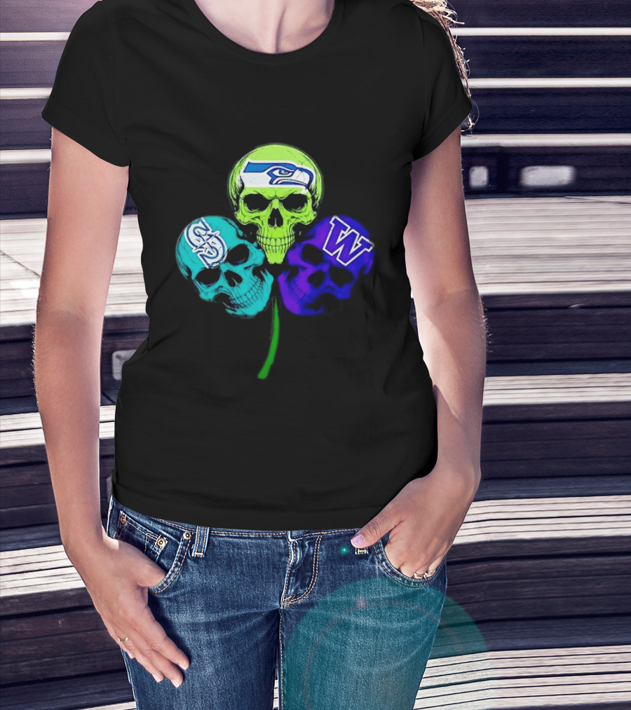 Seattle Seahawks Mariners Washington Huskies Shamrock Skulls T-Shirt