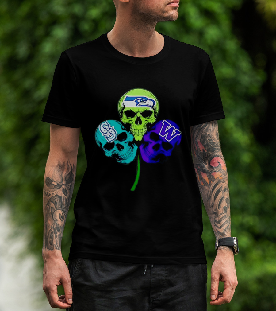 Seattle Seahawks Mariners Washington Huskies Shamrock Skulls T-Shirt
