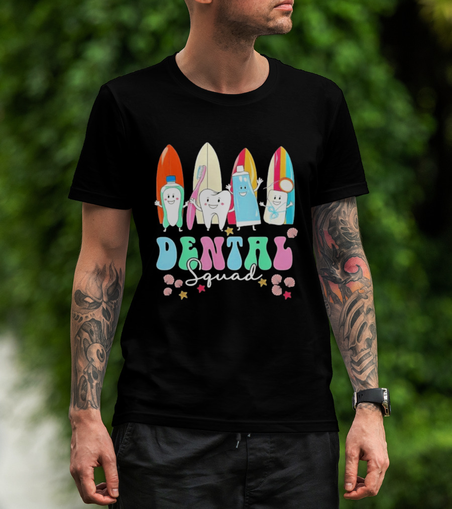 Dental Squad Toothpaste Toothbrush Floss Surfboards Fun Playful T-Shirt