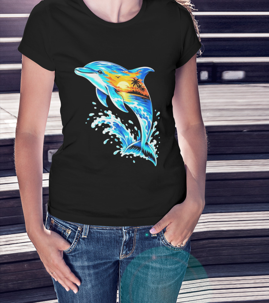 Tropical Sunset Dolphin Ocean Wave Marine Life Scene T-Shirt