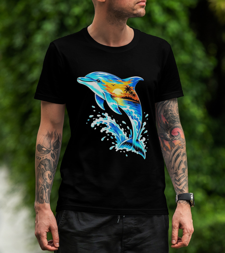 Tropical Sunset Dolphin Ocean Wave Marine Life Scene T-Shirt