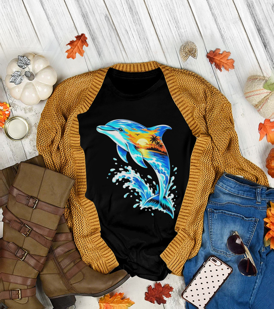 Tropical Sunset Dolphin Ocean Wave Marine Life Scene T-Shirt