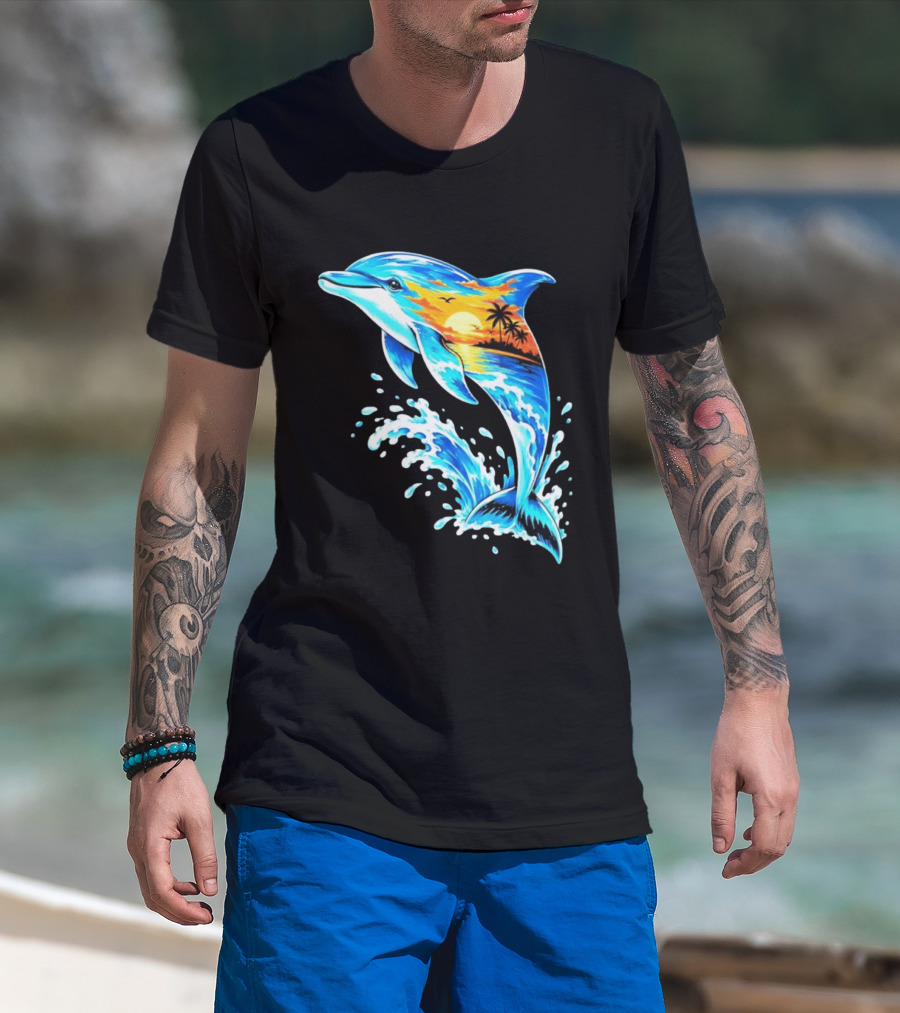 Tropical Sunset Dolphin Ocean Wave Marine Life Scene T-Shirt