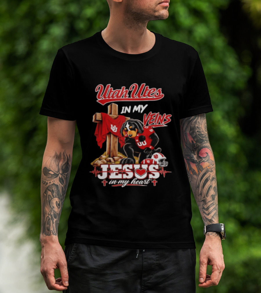 Utah Utes Faith Dog Jesus In My Heart Football Veins T-Shirt