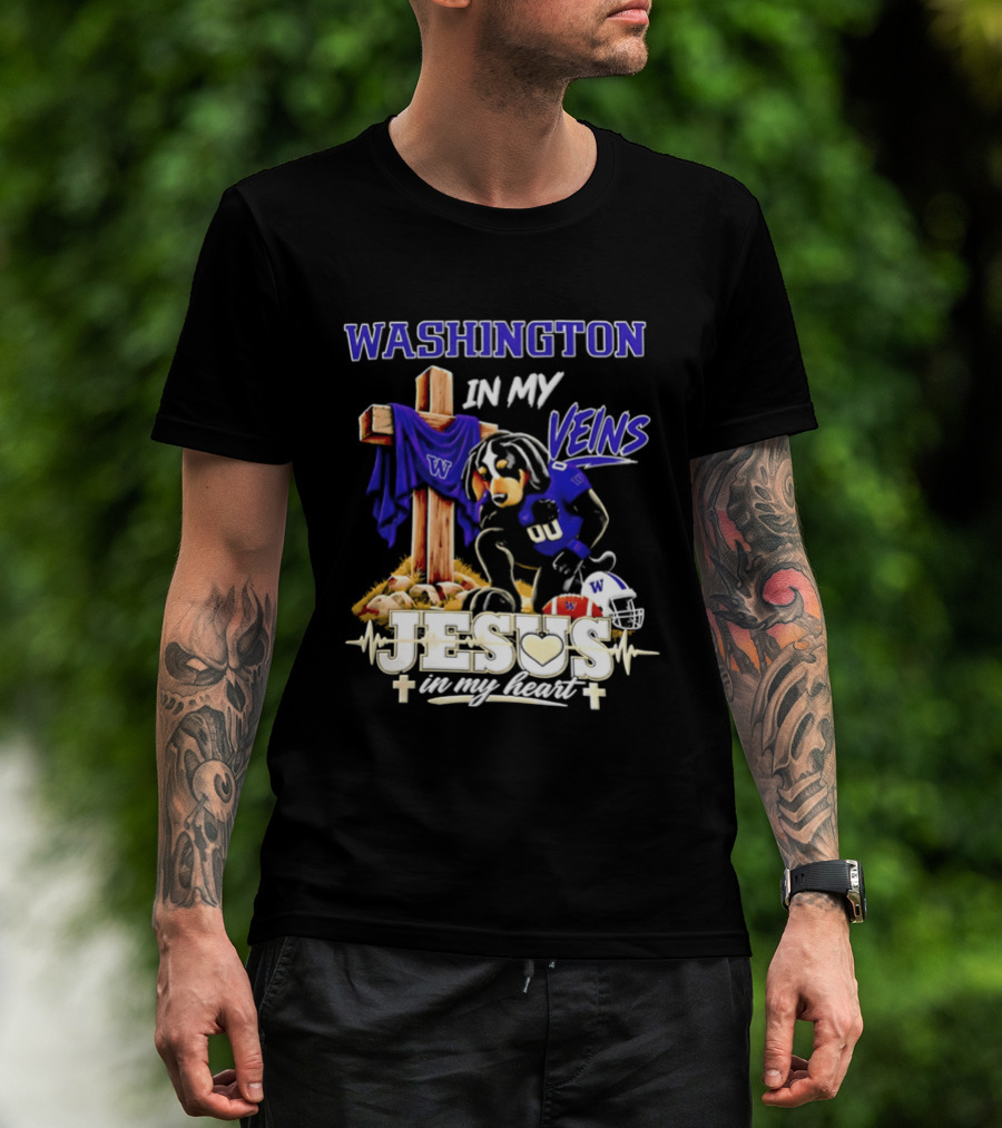 Washington Huskies Football Jesus In My Heart Dog In My Veins Faith T-Shirt