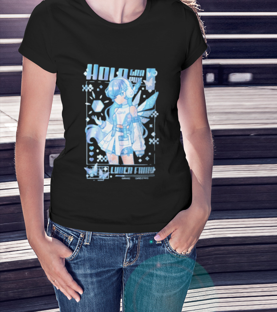 Holographic Cyber Fairy Game Loading Anime Girl Headphones Wings Butterflies Cube T-Shirt