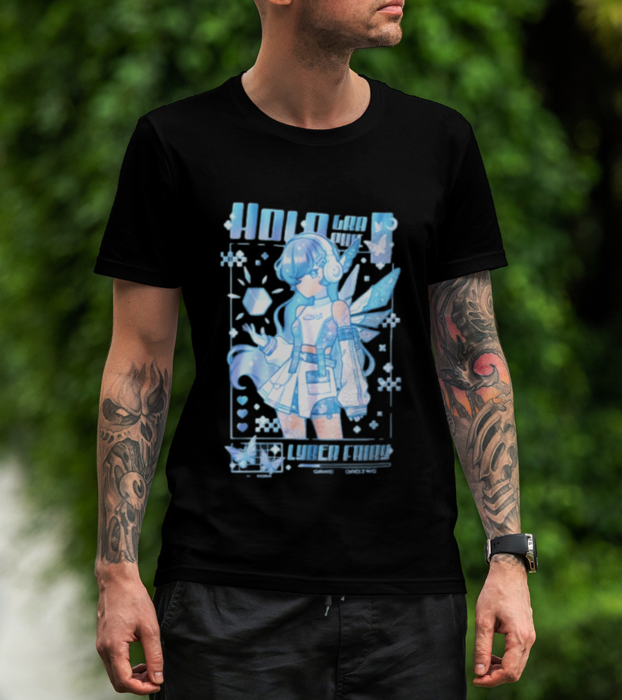 Holographic Cyber Fairy Game Loading Anime Girl Headphones Wings Butterflies Cube T-Shirt