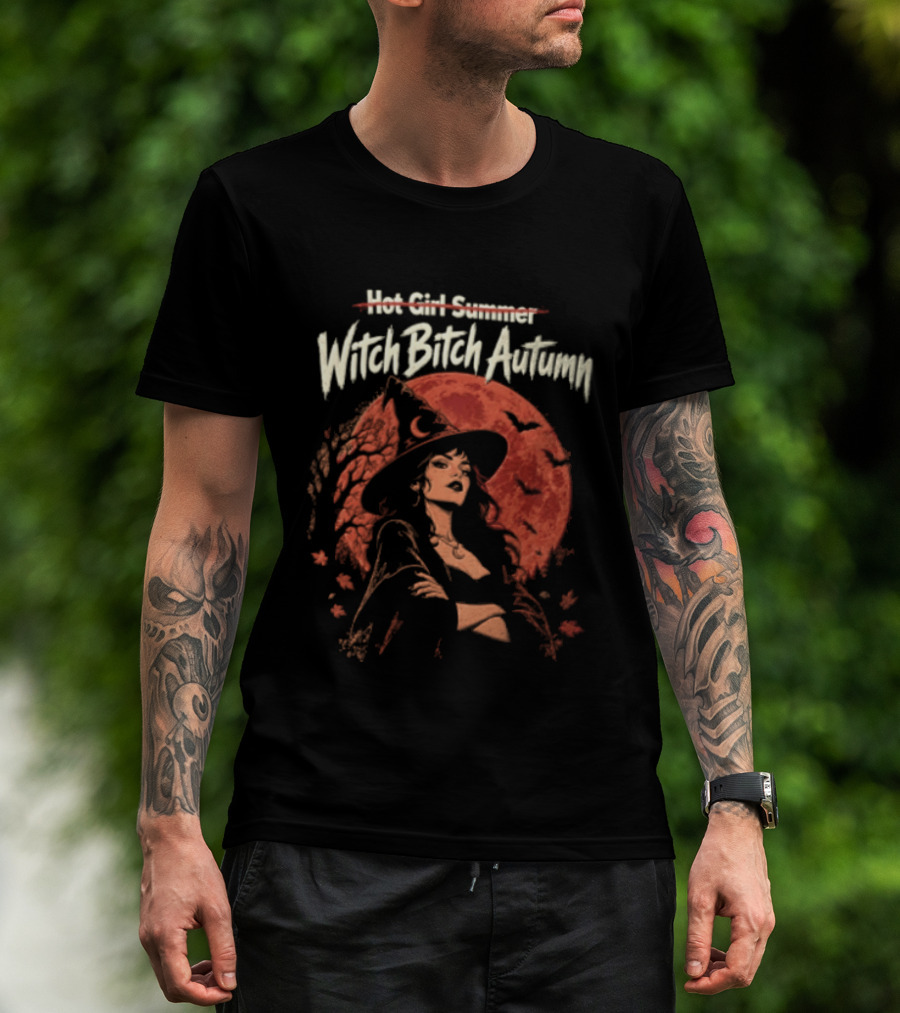 Witch Bitch Autumn Red Moon Bats Forest Woman T-Shirt