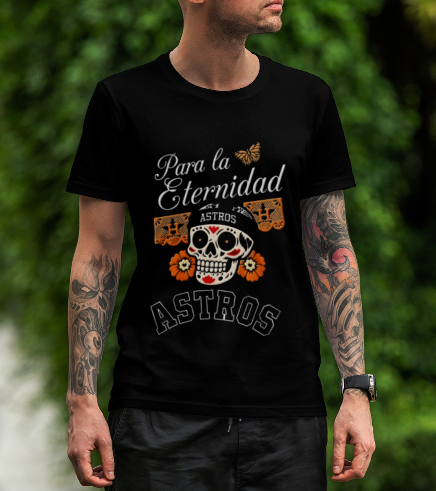 Para La Eternidad Astros Sugar Skull Bandana Flowers Butterfly T-Shirt