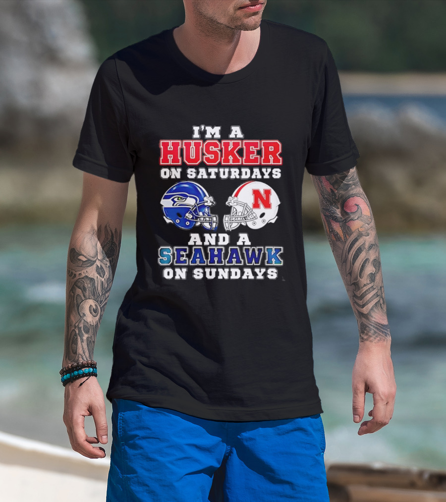 I'm A Husker On Saturdays And A Seahawk On Sundays Football Helmets T-Shirt