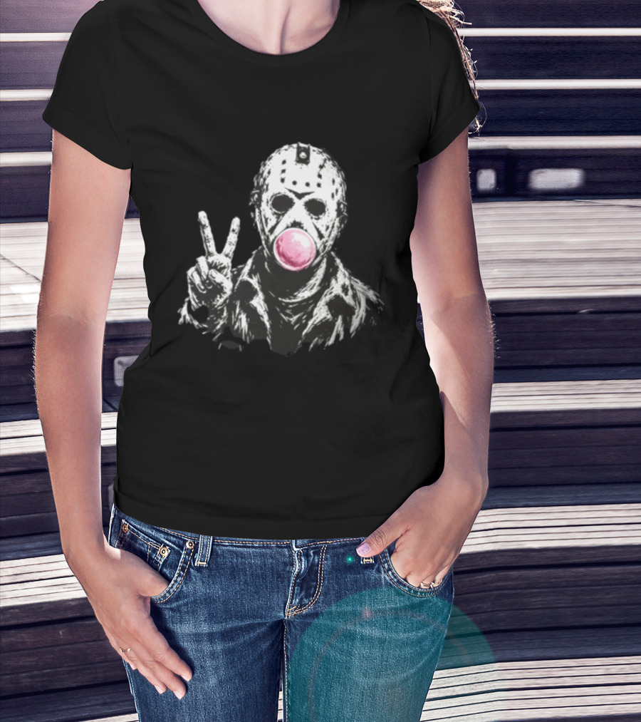 Jason Voorhees Hockey Mask Peace Sign Bubble Gum T-Shirt