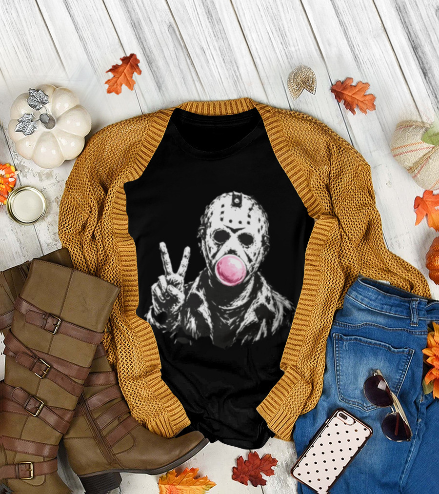 Jason Voorhees Hockey Mask Peace Sign Bubble Gum T-Shirt