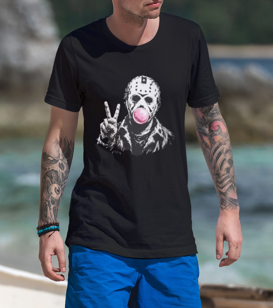 Jason Voorhees Hockey Mask Peace Sign Bubble Gum T-Shirt