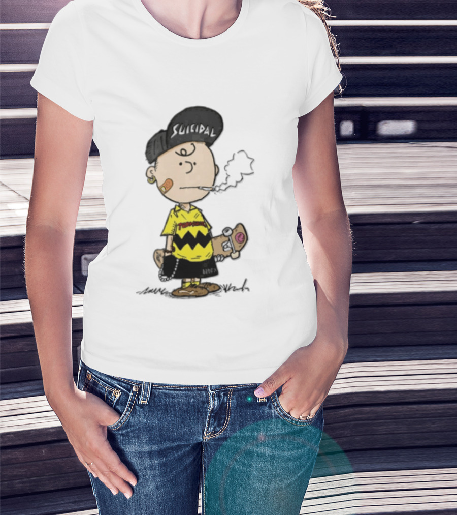 Charlie Brown Cartoon Boy Smoking Skateboard Punk Scumbag Thrasher T-Shirt