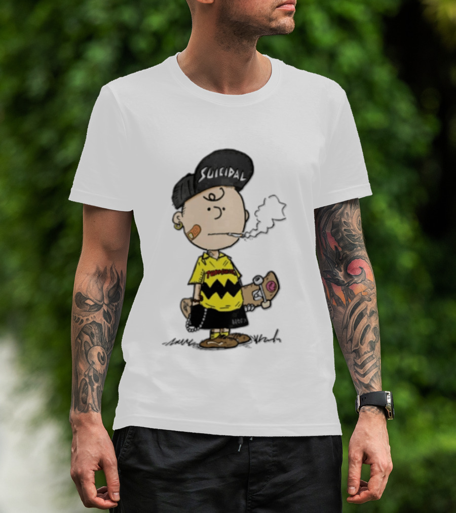 Charlie Brown Cartoon Boy Smoking Skateboard Punk Scumbag Thrasher T-Shirt