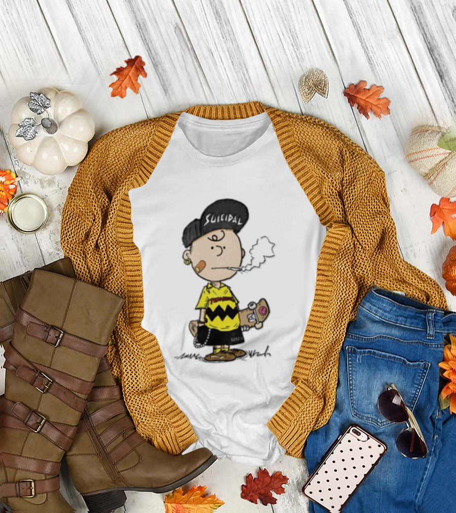 Charlie Brown Cartoon Boy Smoking Skateboard Punk Scumbag Thrasher T-Shirt