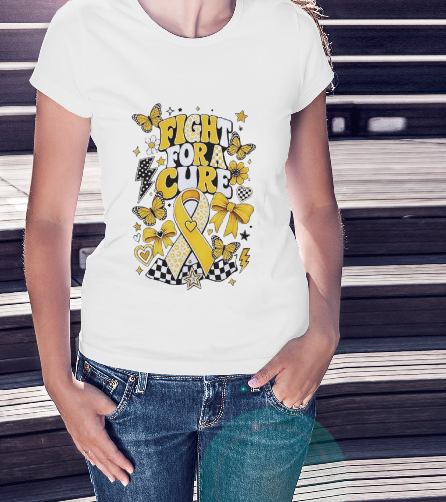 Fight For A Cure Yellow Ribbon Awareness Butterfly And Bow T-Shirt
