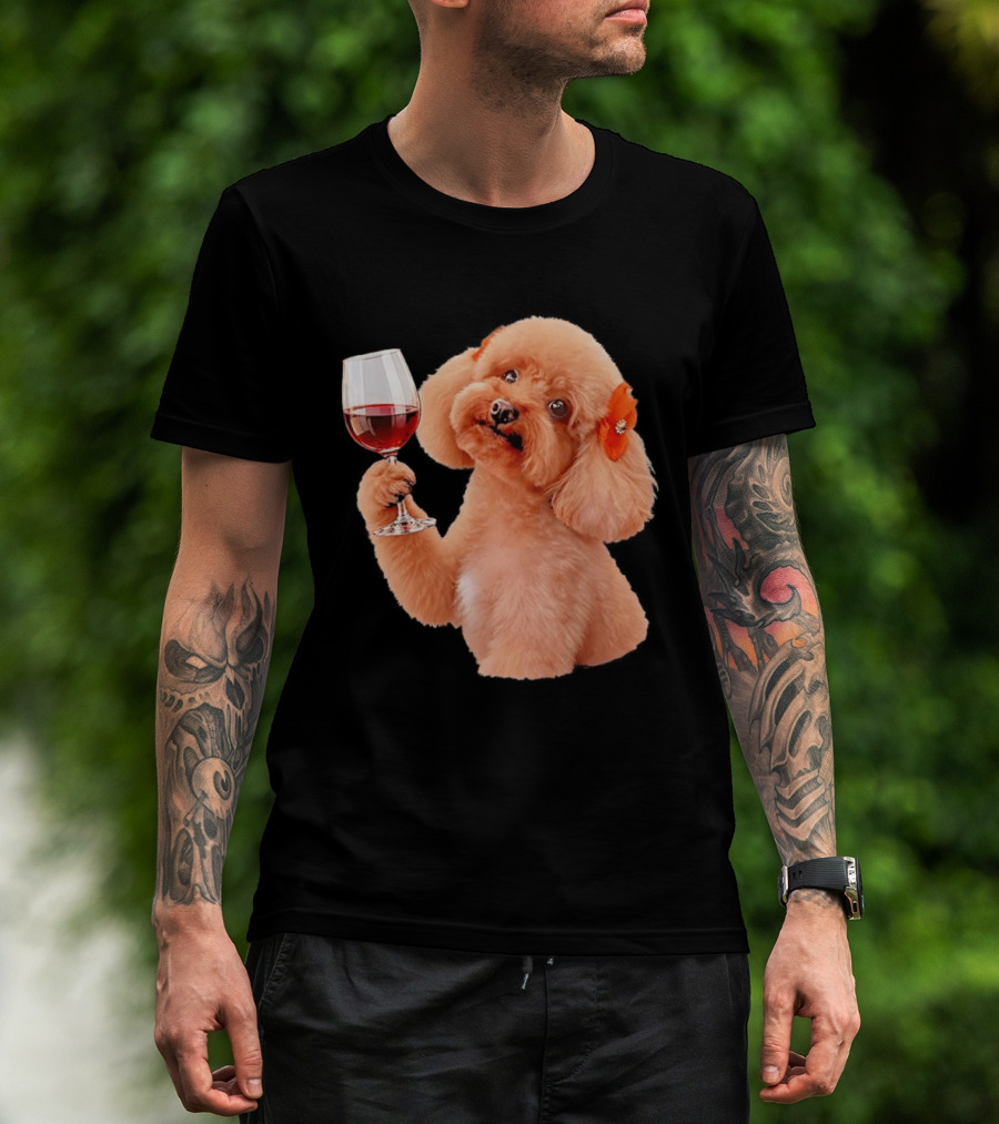 Poodle With Wine Glass And Red Bow Accessory T-Shirt