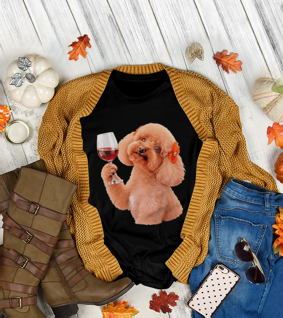 Poodle With Wine Glass And Red Bow Accessory T-Shirt