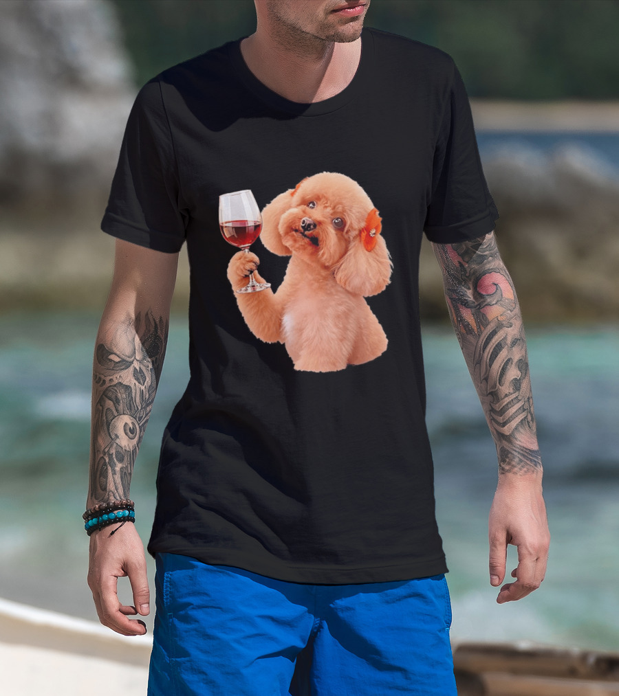 Poodle With Wine Glass And Red Bow Accessory T-Shirt