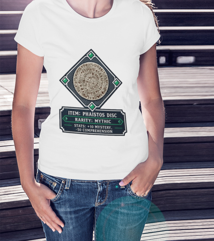 Item Phaistos Disc Rarity Mythic Stats +10 Mystery 50 Comprehension T-Shirt