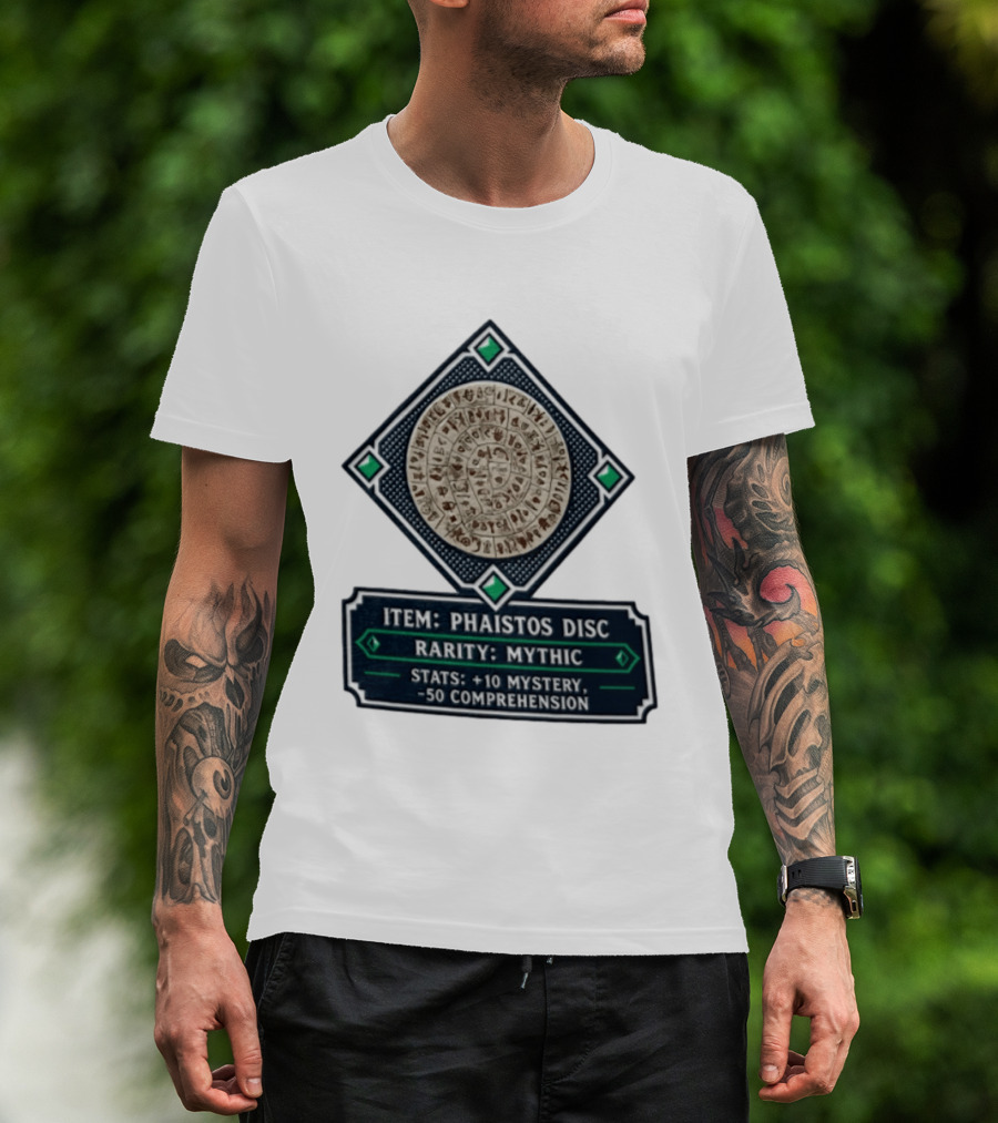 Item Phaistos Disc Rarity Mythic Stats +10 Mystery 50 Comprehension T-Shirt