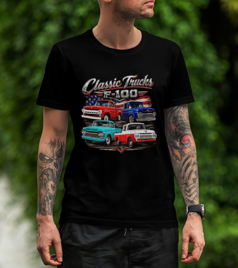 Classic Trucks F 100 Vintage Pickup American Flag T-Shirt