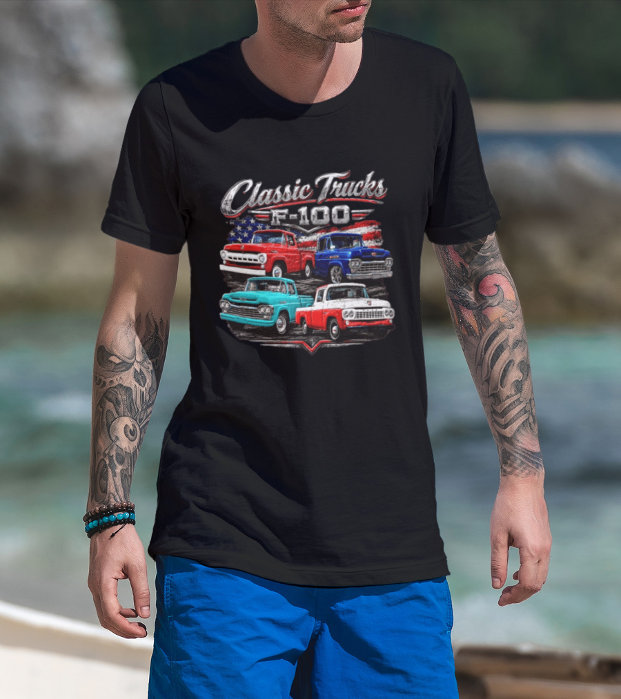 Classic Trucks F 100 Vintage Pickup American Flag T-Shirt